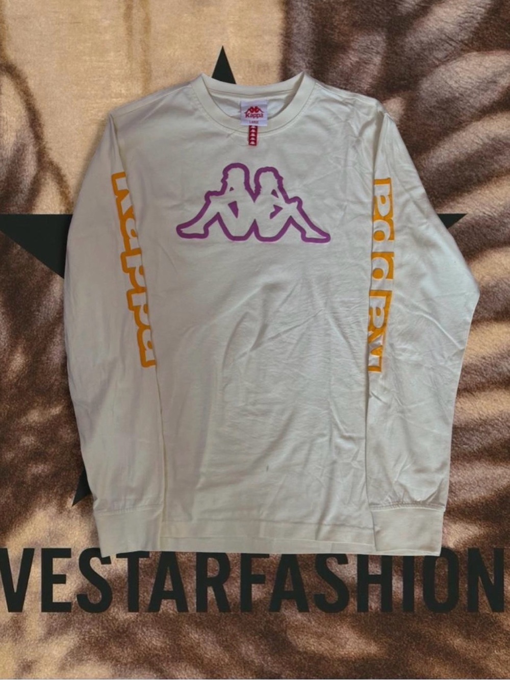 Kappa Long Sleeve Tee in Cream with Purple Logo and Yellow Sleeve Print